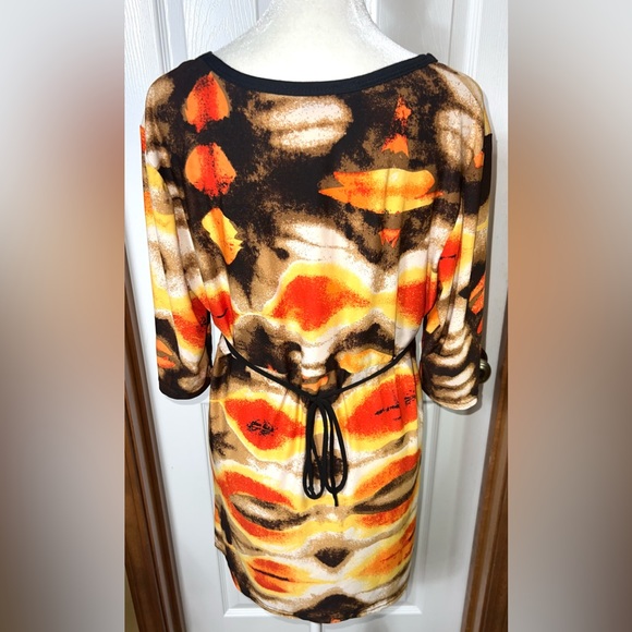 (READ) Nice Wear Y2K Tunic Top Blouse Abstract Orange/Brown/Yellow Tie Back L - Picture 2 of 3
